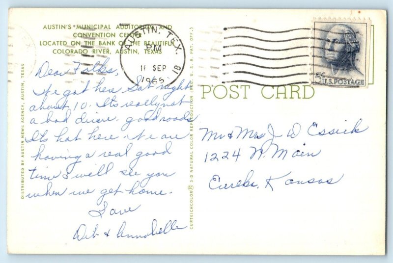 1965 Austin Texas Postcard Municipal Auditorium Convention Center Colorado River