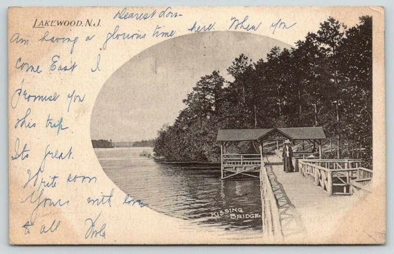 Lakewood New Jersey~Lonely Victorian Woman on Kissing Bridge~1903 B&W Postcard 