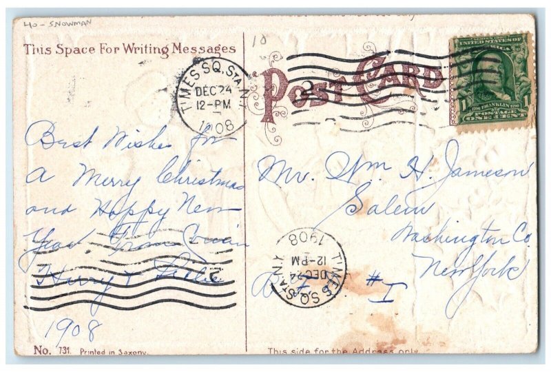 1908 Christmas Snowman Children Holly Berries Winter Snow Embossed Postcard 