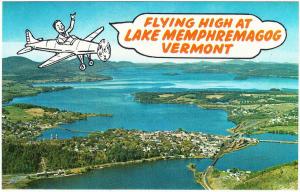 Lake Memphremagog VT Flying High Cartoon Airplane 1970s Postcard