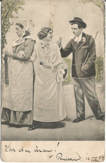 Boy presenting a rose to girl behind annoyed mother's back Vintage Postcard