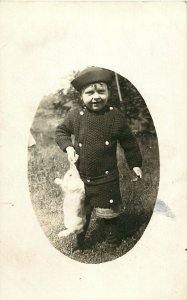 RPPC Vignette Postcard Little Boy Holds White Rabbit By the Ears
