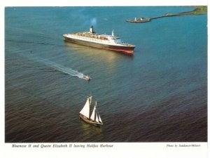 Bluenose II & Queen Elizabeth II Leaving Halifax NS, Chrome Aerial View Postcard