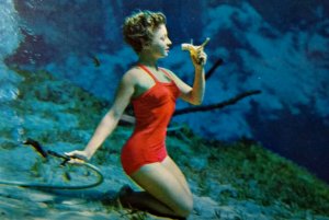 Weeki Wachee Mermaids Florida Postcard Lady Eats Banana Underwater Act Chrome