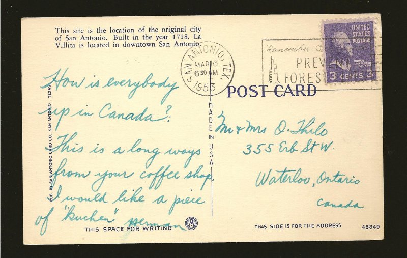 USA Postmark 1953 San Antonio TX La Villita San Antonio Texas Linen Postcard