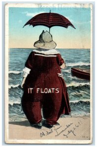 1912 Fat Woman It Float Umbrella Beach Haven New Jersey NJ Antique Postcard