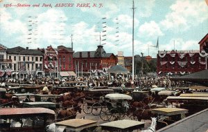 Station and Park, Asbury Park, N.J., Early Postcard, Used in 1908, Horse & Buggy