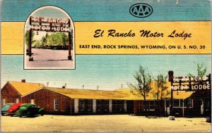 Linen Postcard El Rancho Motor Lodge on U.S. No. 30 in Rock Springs, Wyoming