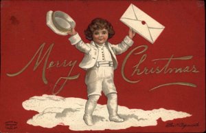 Clapsaddle Christmas Little Boy in White with Letter c1910 Vintage Postcard