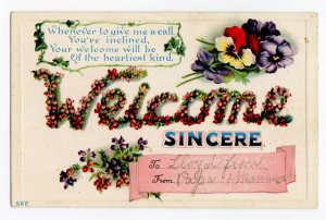 Postcard Sincere Welcome LARGE Letter Embossed Standard View Card