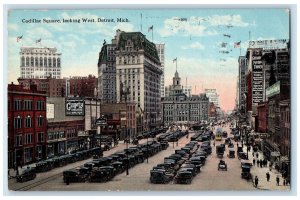 1918 Cadillac Square Looking West Car-lined Buildings Scene Detroit MI Postcard 