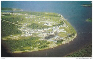 Aerial view of Moose Factory Island on Ontario's tidewater coast at James Bay...