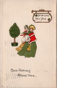 Ye Welcome New Year Much Happiness Attend Thee 2 Women Tree c1920 Postcard E25