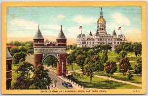 VINTAGE POSTCARD THE STATE CAPITOL AND MEMORIAL ARCH AT HARTFORD CONNECTICUT