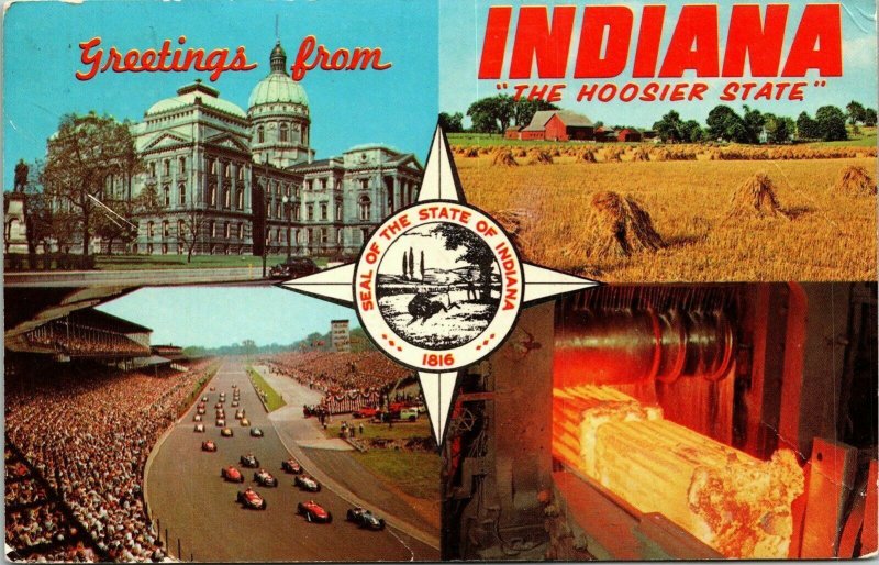 Greetings From Indiana IN Multiview Postcard Cancel PM Gary WOB Note Dexter VTG 