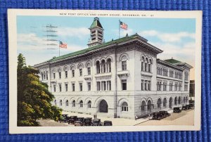 Vtg US Post Office & Courthouse Old Cars Savannah GA Linen Posted 1936 Postcard