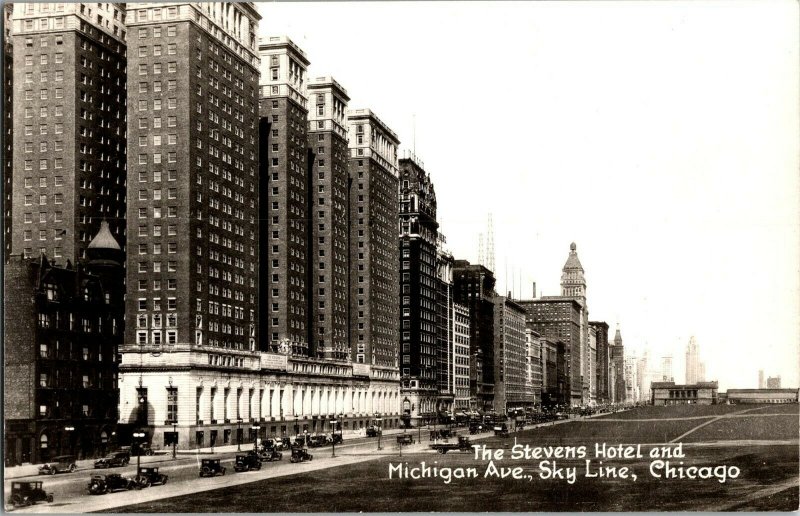 RPPC Stevens Hotel and Michigan Avenue Sky Line, Chicago IL Vintage Postcard G51