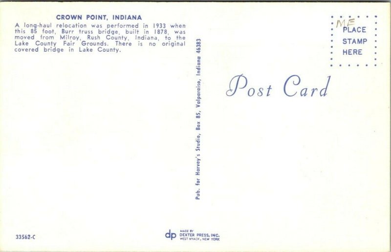 Postcard~Burr Truss Bridge~Crown Point, Indiana~Covered Bridge~A16