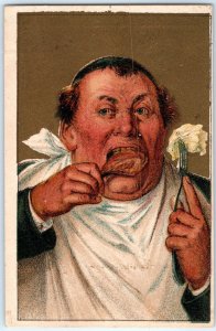 c1910s Ugly Fat Man Eating Chicken Leg Great Atlantic Pacific Tea Trade Card C34 