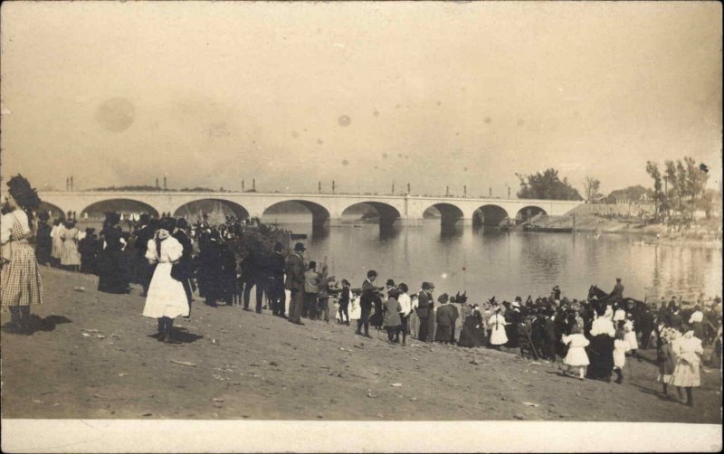 Hartford CT Crowd on Riverbank Near Bridge c1910 Real Photo Postcard