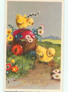 foreign Old Postcard CHICK RIDING ON EASTER EGG WAGON AC3215