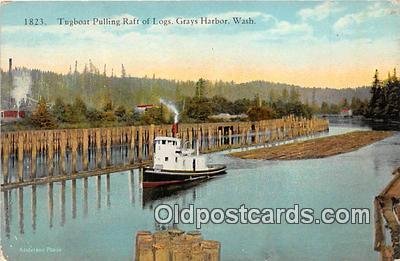 Tugboat Pulling Raft of Lgos Grays Harbor, Washington Ship Writing on back 