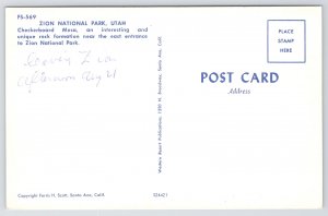 Zion National Park Utah~Checkerboard Mesa & Sign~1950s Postcard