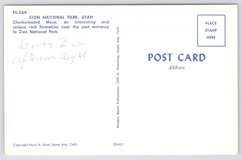 Zion National Park Utah~Checkerboard Mesa & Sign~1950s Postcard