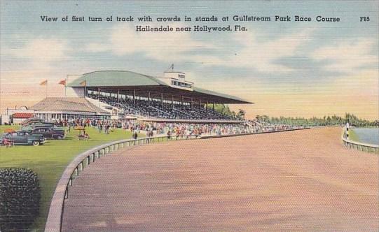 Florida Hallendal View Of First Turn With Crowds In Stands At Gulfstream Park...