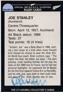 Joe Stanley 1991 New Zealand Hand Signed Rugby Card Photo