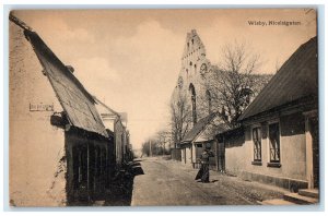 c1910 Street Scene Woman Walking Visby Nicolaigatan Sweden Antique Postcard