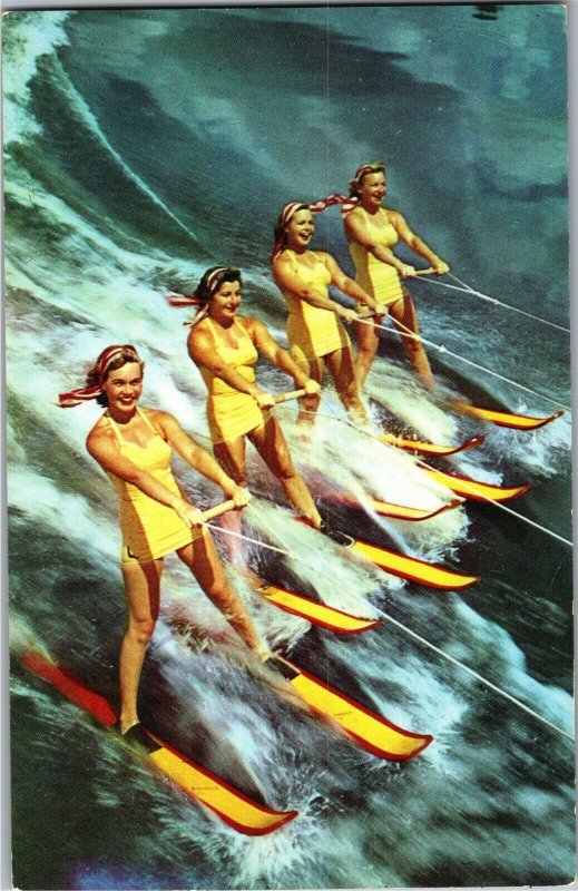 Four Girls Water Skiing, Florida Vintage Postcard T15