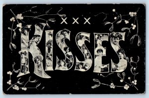 1906 Kisses Large Letters Pretty Women Mistletoe Akron Ohio OH Antique Postcard