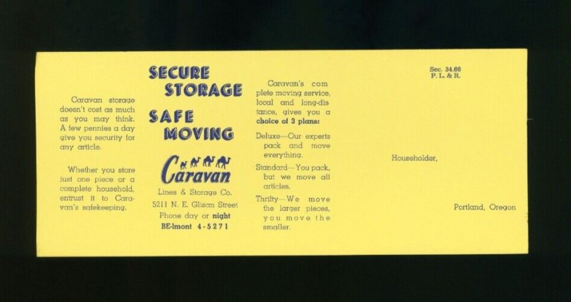 Caravan Lines & Storage Co. Portland Oregon Vintage Paper Advertising Card