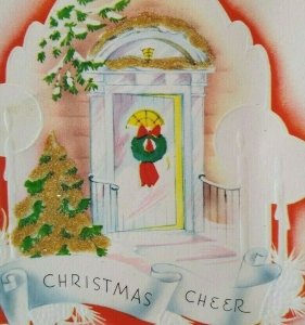 Mid Century Modern Christmas Greeting Card Cheer Glitter Decorated Tree Vintage