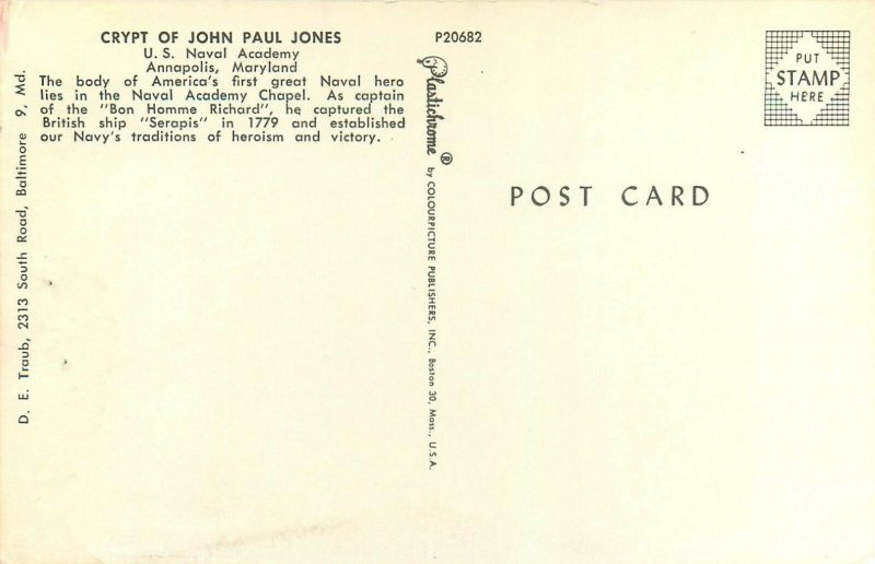 Crypt of John Paul Jones U S Naval Academy Annapolis Maryland Postcard