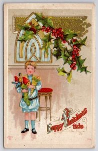 Christmas Greetings Boy Holding Toys And Stocking Postcard C39