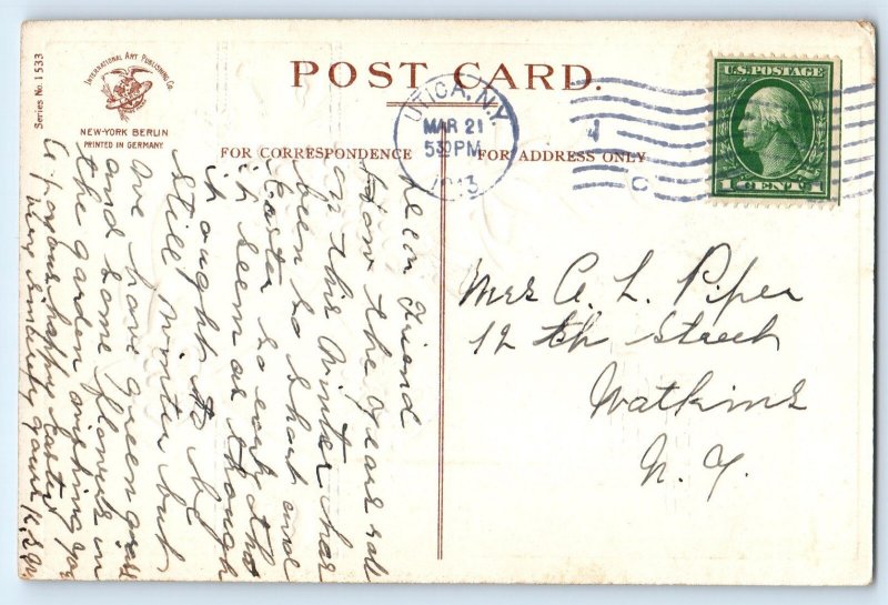 1913 Easter Egg Flowers Little Chicks Embossed Clapsaddle Utica NY Postcard