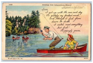 Independence Missouri Postcard Greetings Canoeing Boat Lake 1940 Vintage Antique