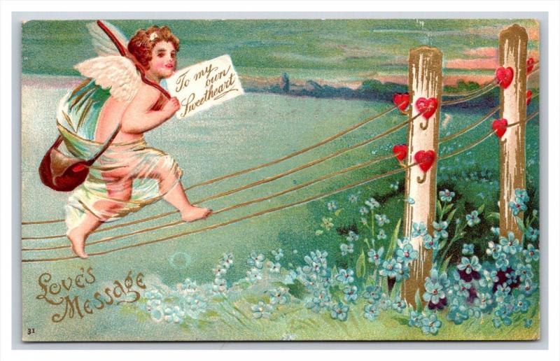 VALENTINE  Cupid walking on fence