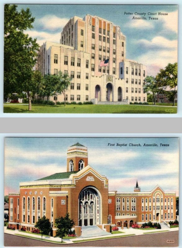 2 Postcards AMARILLO, TEXAS ~ Potter County COURT HOUSE & FIRST BAPTIST CHURCH