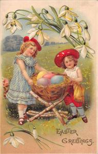 Easter Greetings Girl with Basket of Eggs Antique Postcard J75417