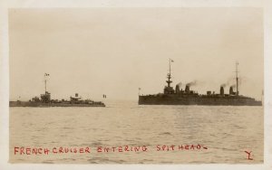 French Cruiser Ship Entering Spithead Antique RPC Postcard