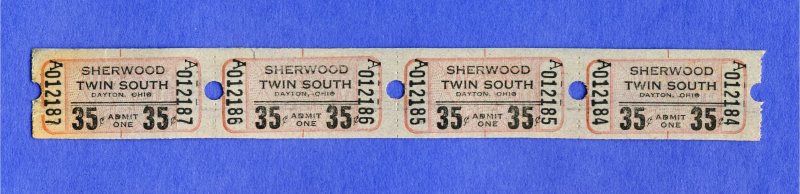 4 Sherwood Twin Drive-In Movie Theatre Tickets, Dayton, Ohio/OH, 1960's?...