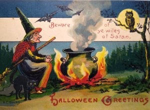 Halloween Postcard Beware Of Satan Witch Black Cat Owl Bats Fantasy Banks Wilson