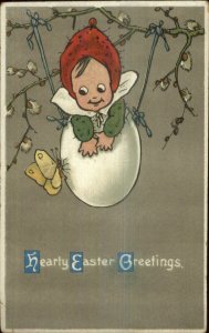 Easter - Child in Hanging Egg Shell & Butterfly c1910 Postcard