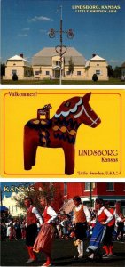 3~4X6 Postcards Lindsborg KS Kansas SWEDISH PAVILION~DALA HORSE~FESTIVAL DANCERS