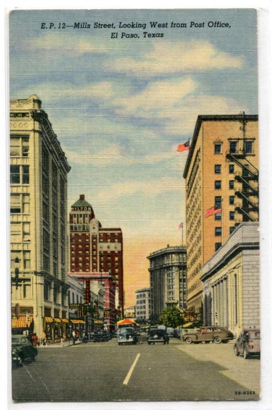 Mills Street Looking West El Paso Texas 1940s linen postcard