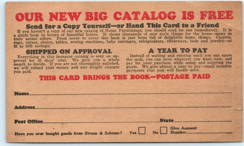 c1910s Straus & Schram Advertising Post Card Request Catalog Chicago, IL Vtg A19