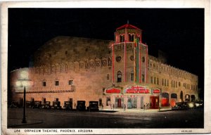 Postcard AZ Phoenix Brightly Decorated Orpheum Theatre Classic Cars 1931 S112